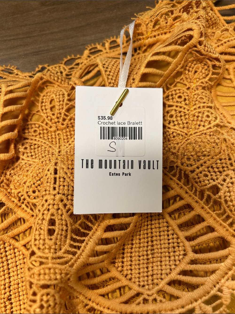 Crochet Lace Crop Bralette in Mustard - Women's Spaghetti Strap Top - Picture 3 of 3